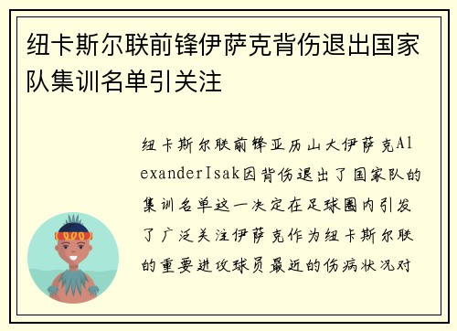 纽卡斯尔联前锋伊萨克背伤退出国家队集训名单引关注 纽卡斯尔联前锋伊萨克背伤退出国家队集训名单引关注